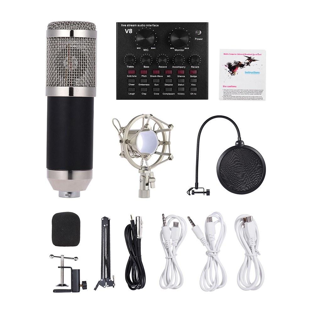 Pro Audio Equipment |   External Audio Mixing Sound Card USB Audio Interface with Multiple Sound Effects Built-in Rechargeable Battery +  Professional Studio Broadcasting Recording Condenser Microphone Mic Kit Set Black Musical Instruments Black