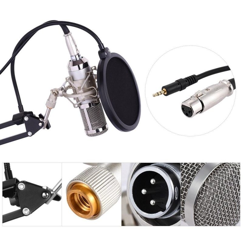 Pro Audio Equipment |   External Audio Mixing Sound Card USB Audio Interface with Multiple Sound Effects Built-in Rechargeable Battery +  Professional Studio Broadcasting Recording Condenser Microphone Mic Kit Set Silver Musical Instruments Pro Audio Equipment