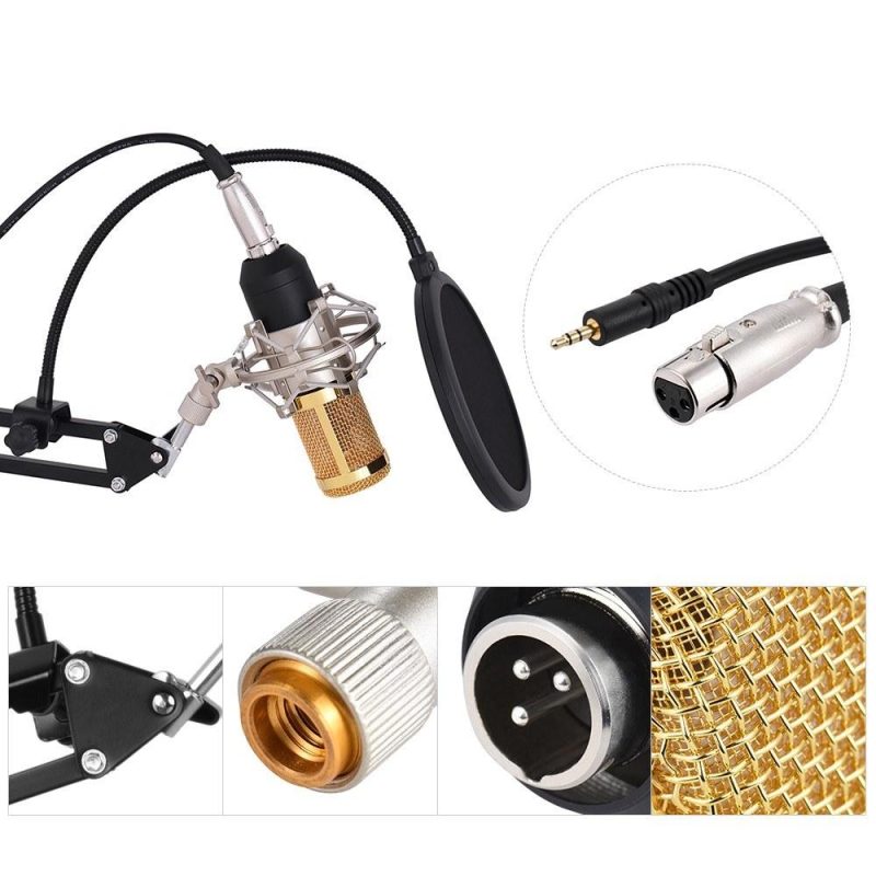 Pro Audio Equipment |   External Audio Mixing Sound Card USB Audio Interface with Multiple Sound Effects Built-in Rechargeable Battery +  Professional Studio Broadcasting Recording Condenser Microphone Mic Kit Set Gold Musical Instruments Gold