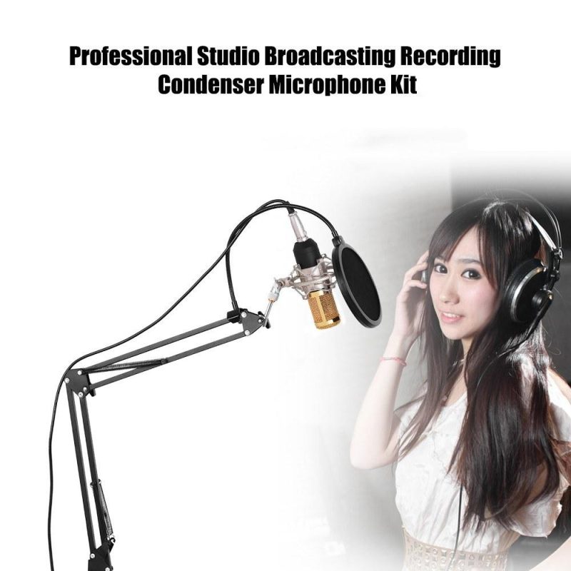 Pro Audio Equipment |   External Audio Mixing Sound Card USB Audio Interface with Multiple Sound Effects Built-in Rechargeable Battery +  Professional Studio Broadcasting Recording Condenser Microphone Mic Kit Set Gold Musical Instruments Gold