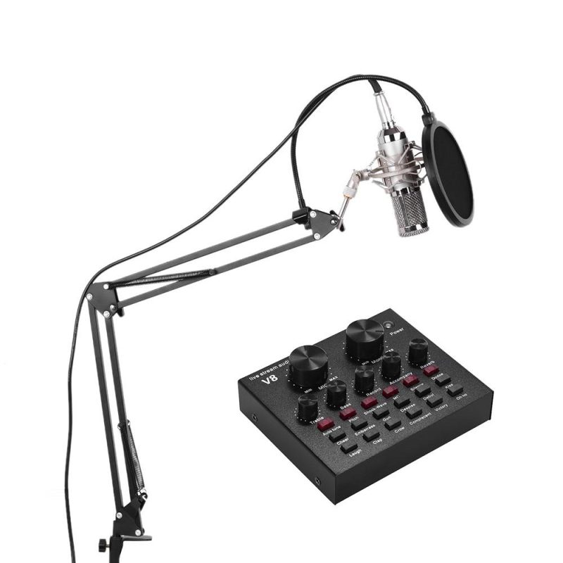 Pro Audio Equipment |   External Audio Mixing Sound Card USB Audio Interface with Multiple Sound Effects Built-in Rechargeable Battery +  Professional Studio Broadcasting Recording Condenser Microphone Mic Kit Set Silver Musical Instruments Pro Audio Equipment