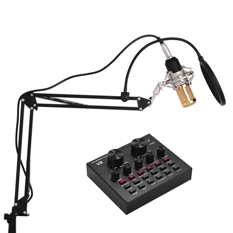 Pro Audio Equipment |   External Audio Mixing Sound Card USB Audio Interface with Multiple Sound Effects Built-in Rechargeable Battery +  Professional Studio Broadcasting Recording Condenser Microphone Mic Kit Set Gold Musical Instruments Gold