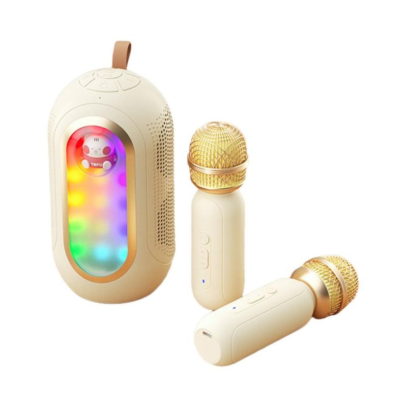 Pro Audio Equipment |   F68 Mini Karaoke Machine Wireless Microphone and Speaker Set with 2 Microphone & 1 Karaoke Speaker Beige Musical Instruments Beige