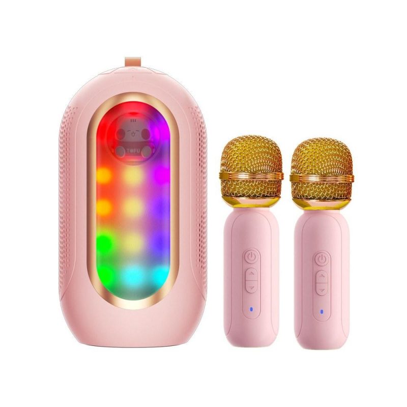 Pro Audio Equipment |   F68 Mini Karaoke Machine Wireless Microphone and Speaker Set with 2 Microphone & 1 Karaoke Speaker Pink Musical Instruments Pink