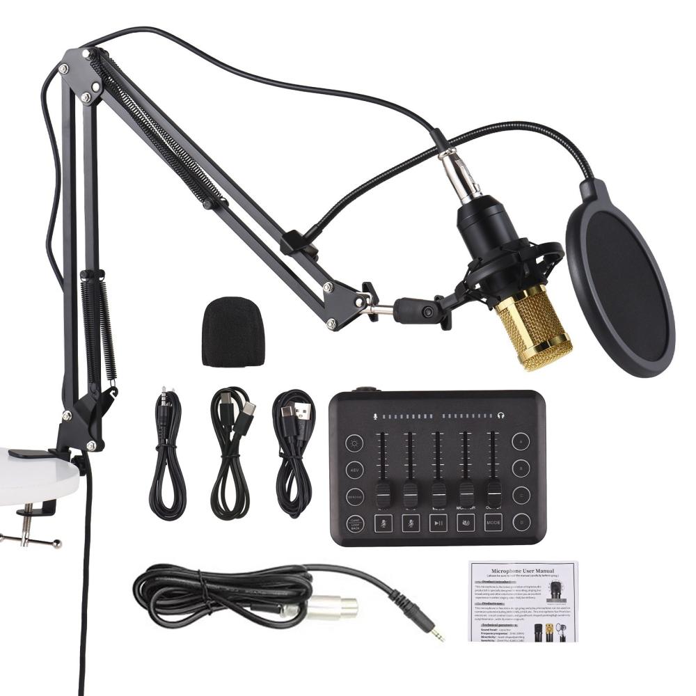 Pro Audio Equipment |   F9+BM800 Podcast Bundle / 48V Live Sound Card / Pro Streaming Kit Black Musical Instruments Black