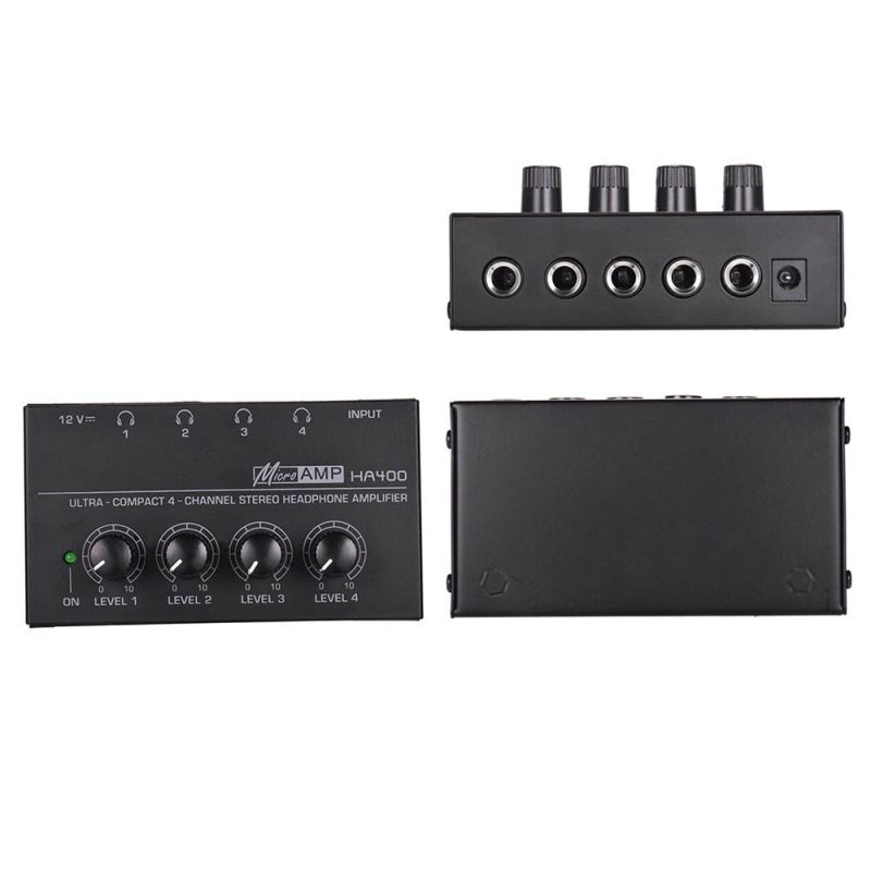 Pro Audio Equipment |   HA400 Ultra-compact 4 Channels Mini Audio Stereo Headphone Amplifier with Power Adapter Black Musical Instruments Black