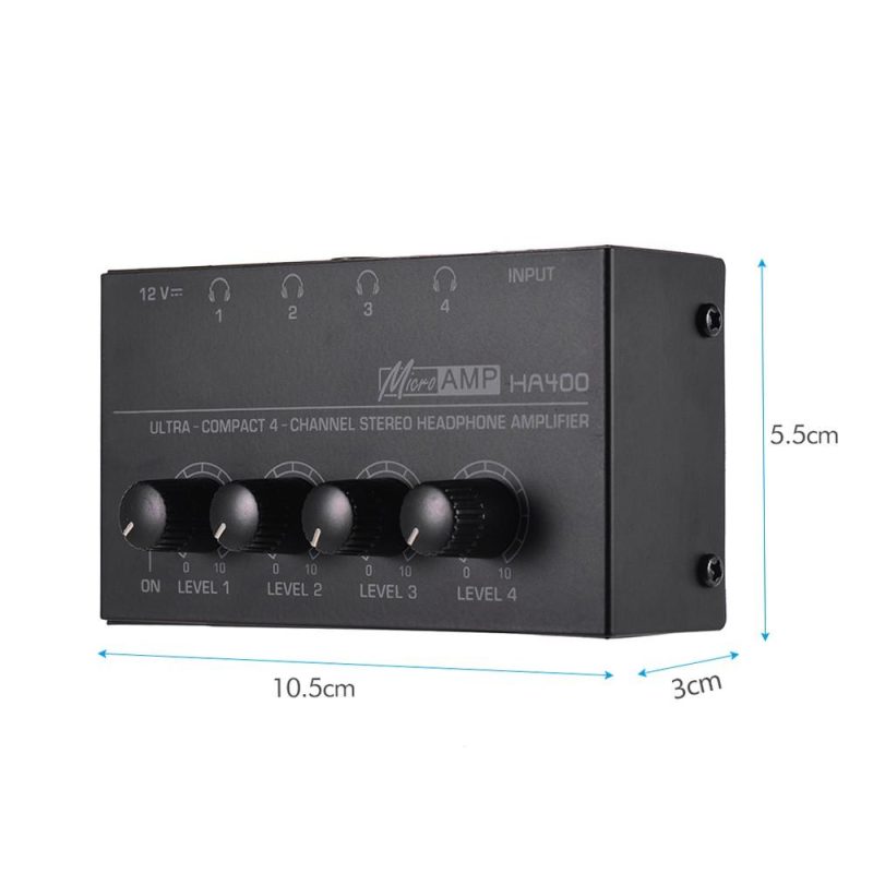 Pro Audio Equipment |   HA400 Ultra-compact 4 Channels Mini Audio Stereo Headphone Amplifier with Power Adapter Black Musical Instruments Black