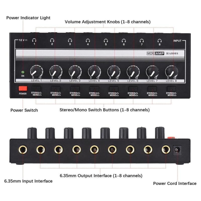 Pro Audio Equipment |   HA800S Headphone Amplifier 8 Channels Mono/Stereo Metal Stereo Headphone Amps Audio Amp Musical Instruments Pro Audio Equipment