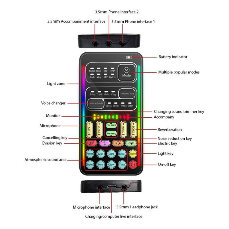 Pro Audio Equipment |   I9 Voice Changer Sound Card: Portable, Handheld, and Multifunctional Sound Effects Machine for Live Broadcast, Gaming, and Voice Chat Black Musical Instruments Black