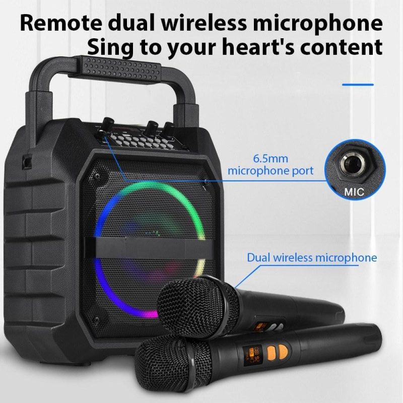 Pro Audio Equipment |   K6S Mini Karaoke Machine Wireless Microphone and Speaker Set with 2 Microphone Black Musical Instruments Black