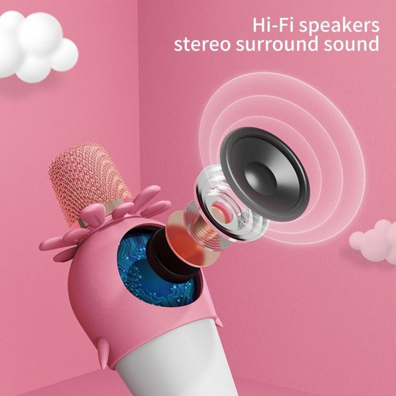 Pro Audio Equipment |   Karaoke Microphone Portable Handheld Mic with Speaker Noise Reduction LED 7 Color Lights Echo Controls Pink Musical Instruments Pink