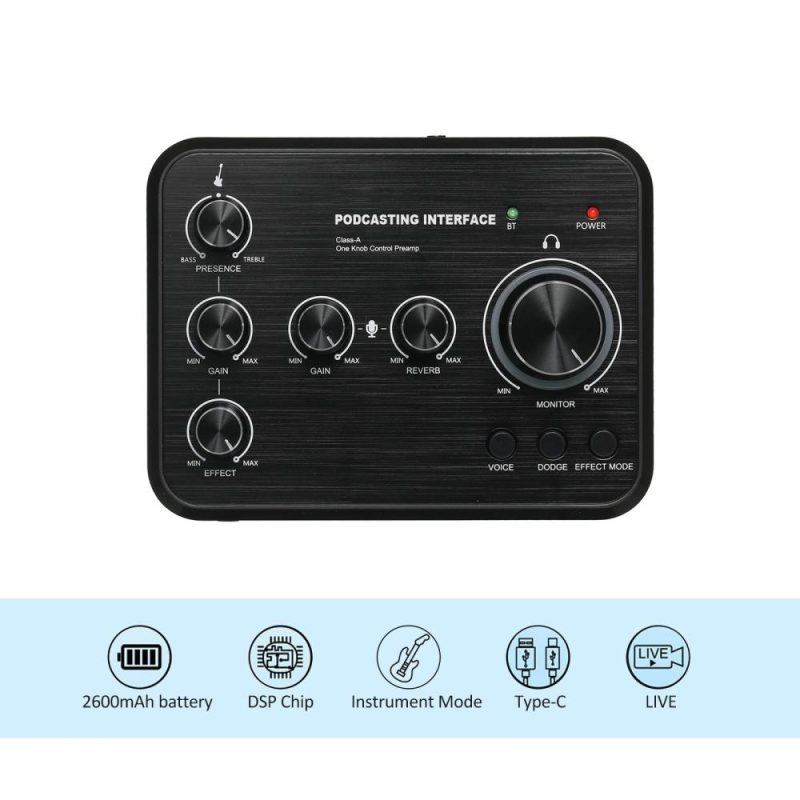 Pro Audio Equipment |   KX-S01 Professional Sound Card for Instrument Playing and Singing Rechargeable Podcast Production Studio One Knob Control Black Musical Instruments Black