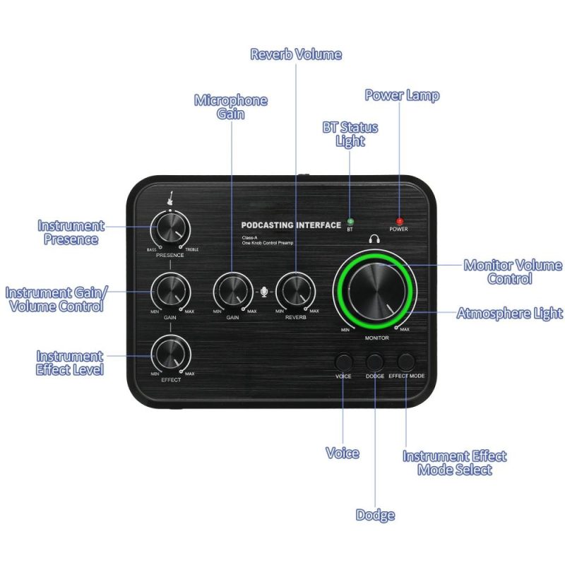 Pro Audio Equipment |   KX-S01 Professional Sound Card for Instrument Playing and Singing Rechargeable Podcast Production Studio One Knob Control Black Musical Instruments Black