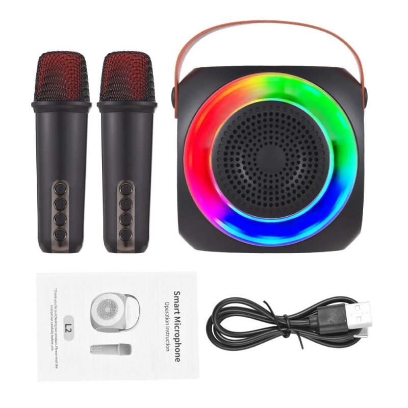 Pro Audio Equipment |   L2 Mini Karaoke Machine Wireless Microphone and Speaker Set with 2 Microphone LED Color Light Black Musical Instruments Black