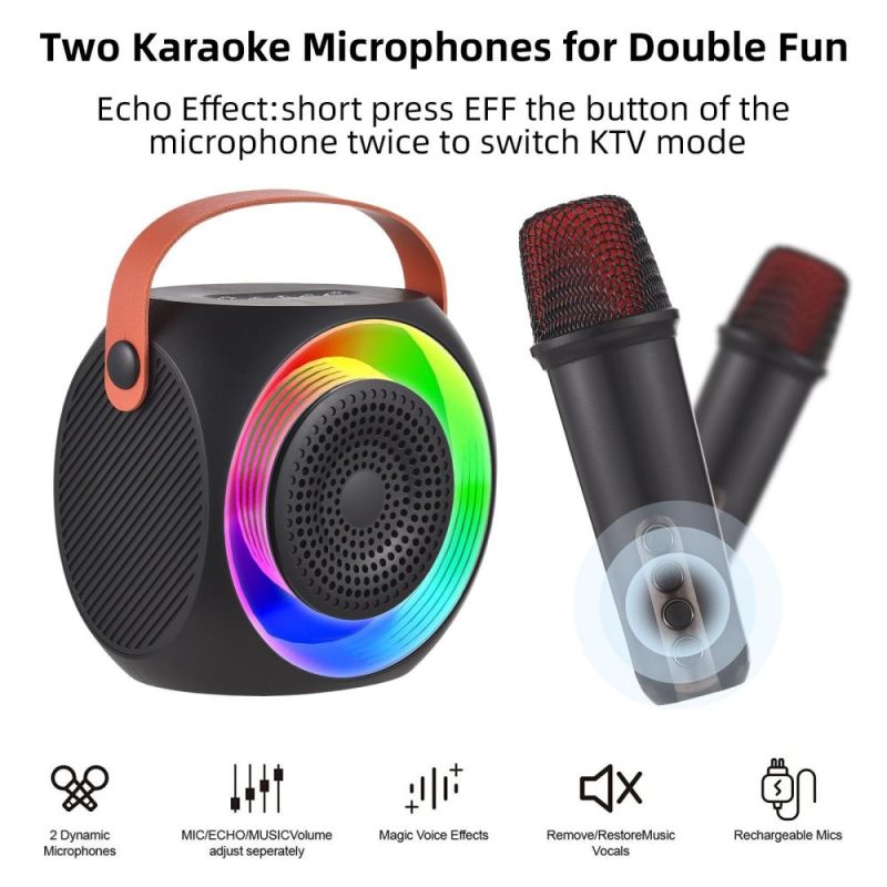 Pro Audio Equipment |   L2 Mini Karaoke Machine Wireless Microphone and Speaker Set with 2 Microphone LED Color Light Black Musical Instruments Black