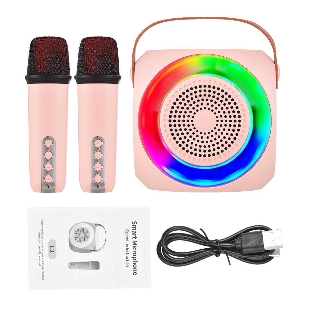 Pro Audio Equipment |   L2 Mini Karaoke Machine Wireless Microphone and Speaker Set with 2 Microphone LED Color Light Pink Musical Instruments Pink