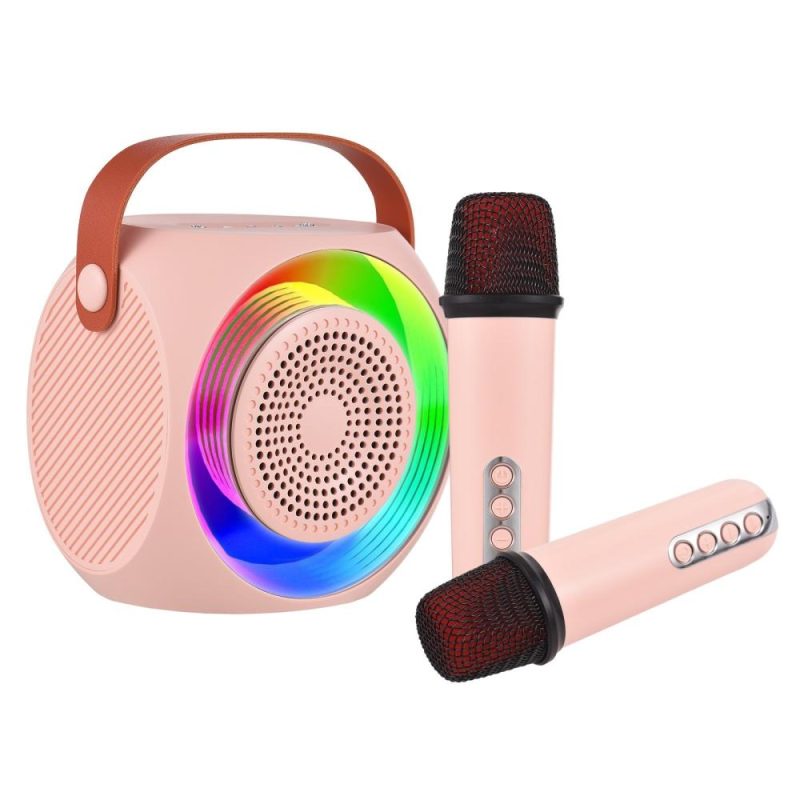 Pro Audio Equipment |   L2 Mini Karaoke Machine Wireless Microphone and Speaker Set with 2 Microphone LED Color Light Pink Musical Instruments Pink