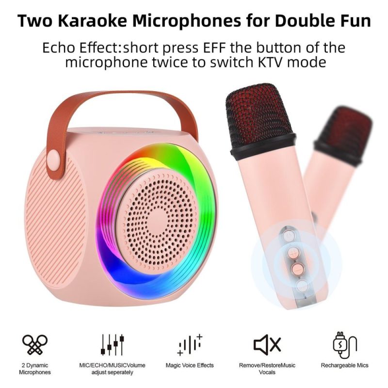 Pro Audio Equipment |   L2 Mini Karaoke Machine Wireless Microphone and Speaker Set with 2 Microphone LED Color Light Pink Musical Instruments Pink