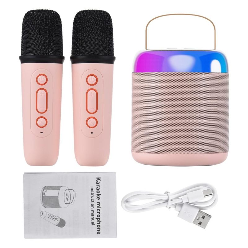 Pro Audio Equipment |   Portable Microphone & Sound Box Set Mini Karaoke Machine BT Speaker with 2 Microphones Pink Musical Instruments Pink