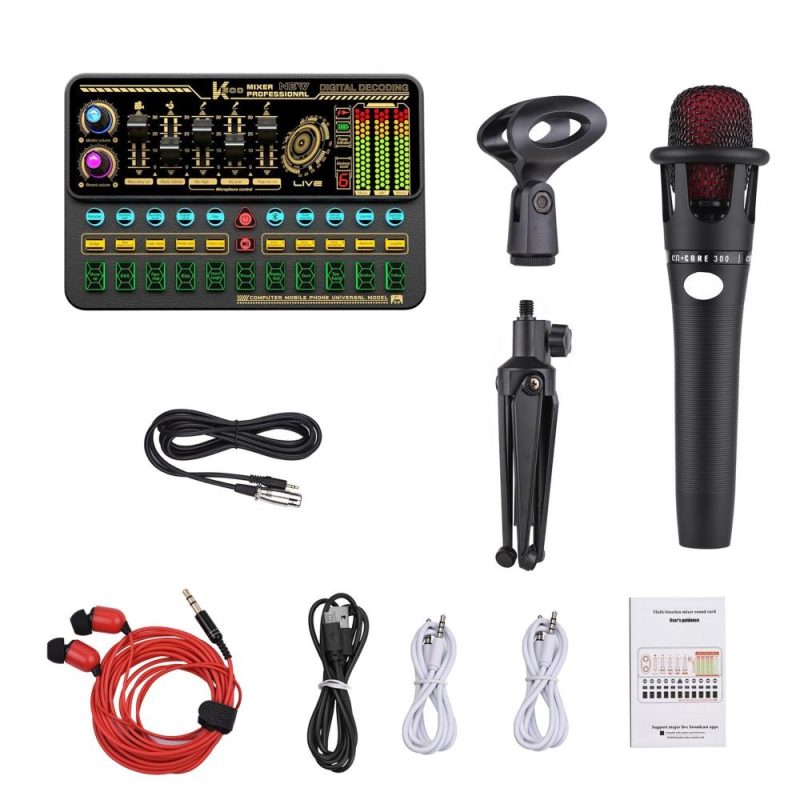 Pro Audio Equipment |   SK500 Portable Live Sound Card Voice Changer Device Audio Mixer Kit with Microphone Mic Stand Earphone Musical Instruments Pro Audio Equipment