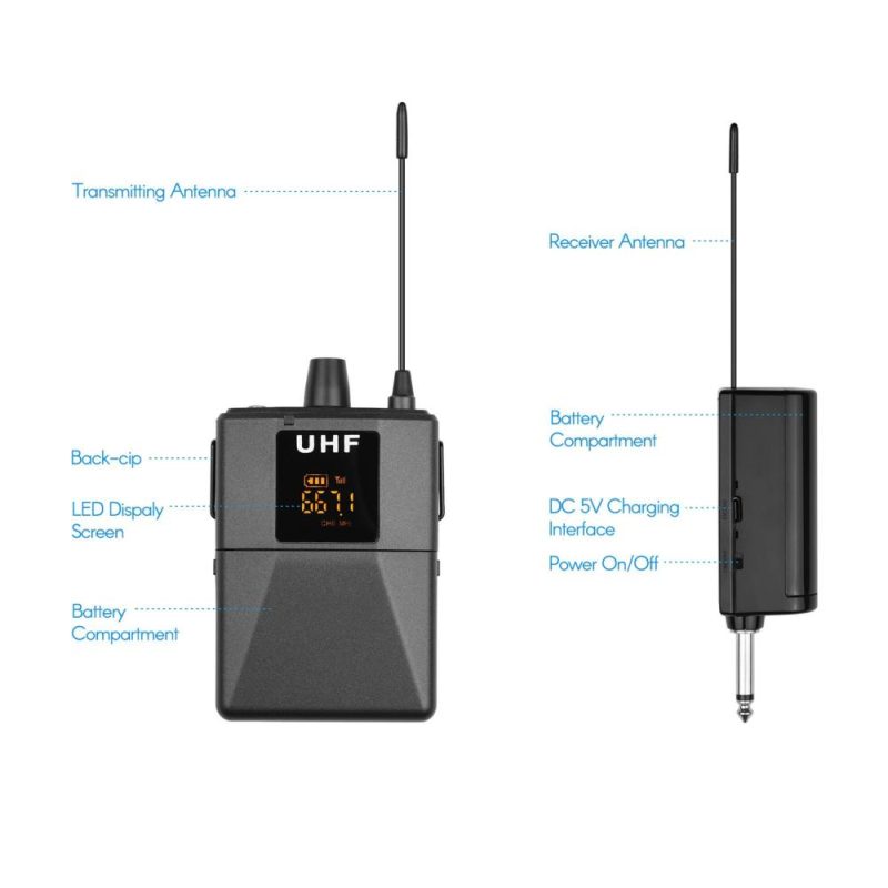 Pro Audio Equipment |   UHF Wireless Microphone System with Microphone Body-pack Transmitter and Receiver Black Musical Instruments Black