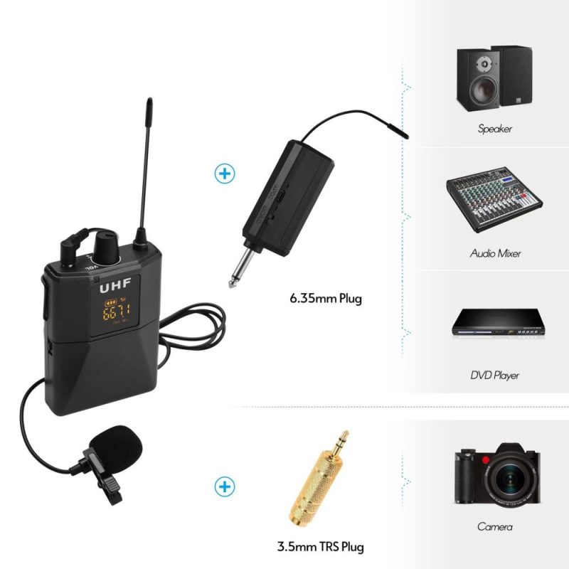 Pro Audio Equipment |   UHF Wireless Microphone System with Microphone Body-pack Transmitter and Receiver Black Musical Instruments Black