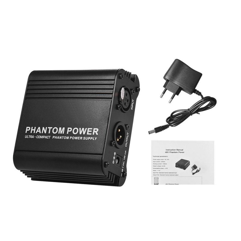 Pro Audio Equipment |   Ultra-compact Microphone +48V Phantom Power Supply with XLR Input & Output Black Musical Instruments Black