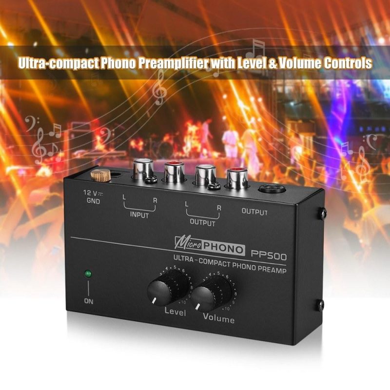 Pro Audio Equipment |   Ultra-compact Phono Preamp Preamplifier with Level & Volume Controls RCA Input & Output 1/4 Inch TRS Output Interfaces Black Musical Instruments Black