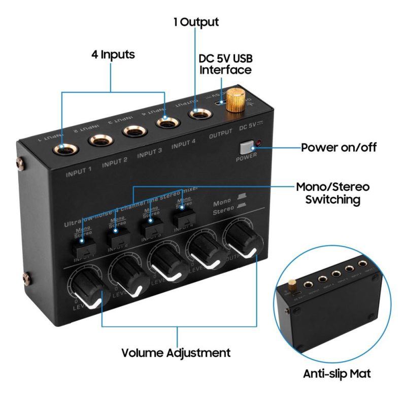 Pro Audio Equipment |   Ultra Low Noise 4 Channel Line Stereo Mixer Black Musical Instruments Black