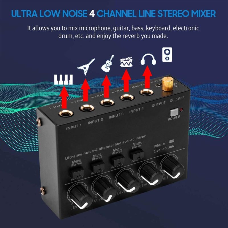 Pro Audio Equipment |   Ultra Low Noise 4 Channel Line Stereo Mixer Black Musical Instruments Black