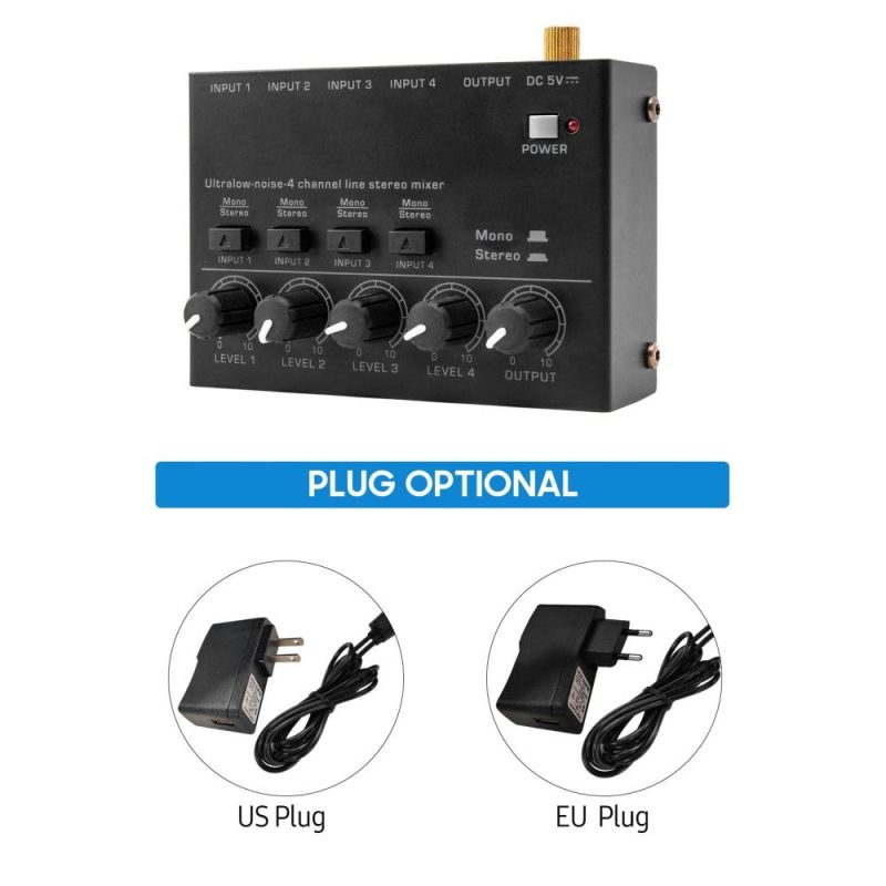 Pro Audio Equipment |   Ultra Low Noise 4 Channel Line Stereo Mixer Black Musical Instruments Black