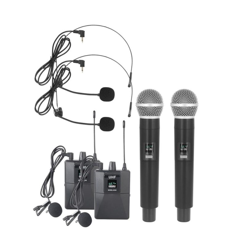 Pro Audio Equipment |   Wireless Microphone Professional UHF Wireless Mic System Handheld Dual Microphone with Receiver Wearable Transmitter Headworn and Lavalier Microphones Black Musical Instruments Black