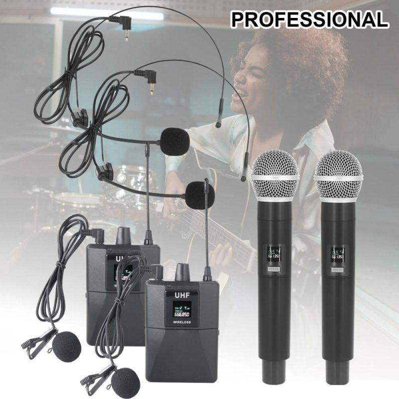 Pro Audio Equipment |   Wireless Microphone Professional UHF Wireless Mic System Handheld Dual Microphone with Receiver Wearable Transmitter Headworn and Lavalier Microphones Black Musical Instruments Black