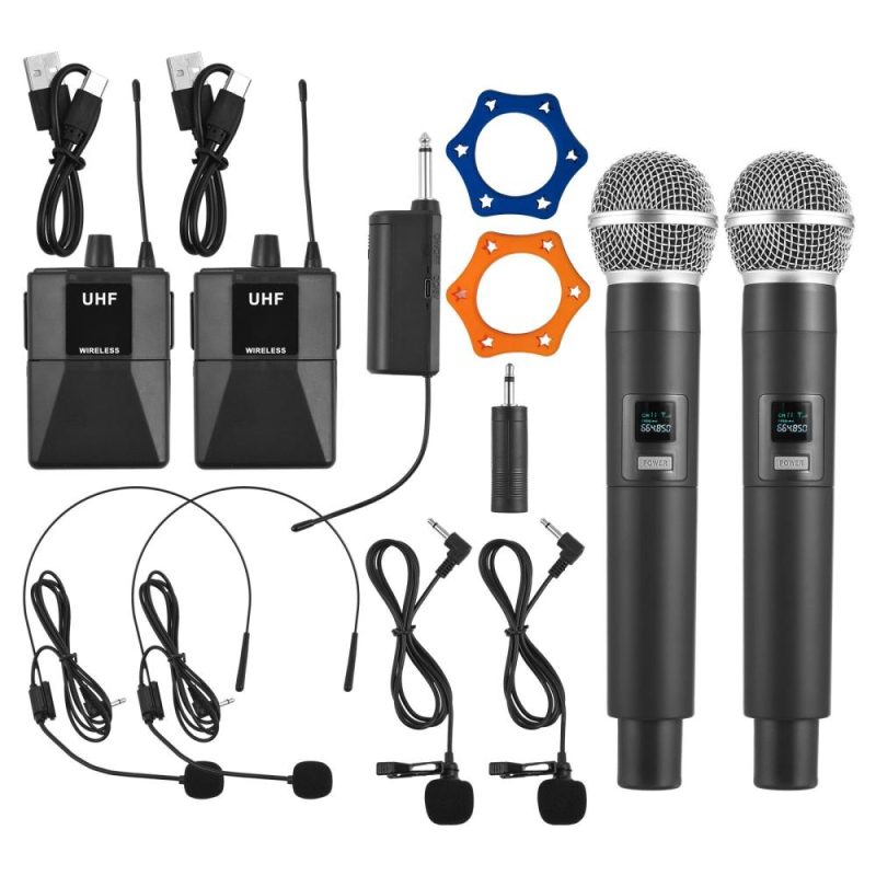 Pro Audio Equipment |   Wireless Microphone Professional UHF Wireless Mic System Handheld Dual Microphone with Receiver Wearable Transmitter Headworn and Lavalier Microphones Black Musical Instruments Black