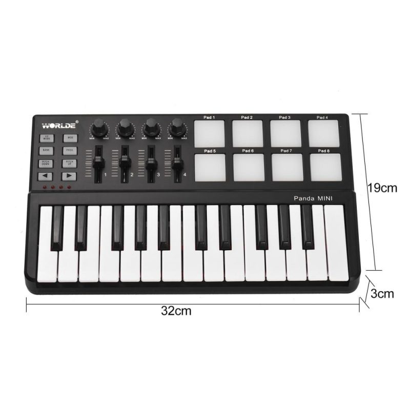 Pro Audio Equipment |   Worlde Panda mini Portable Mini 25-Key USB Keyboard and Drum Pad MIDI Controller Black Musical Instruments Black