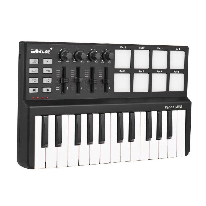 Pro Audio Equipment |   Worlde Panda mini Portable Mini 25-Key USB Keyboard and Drum Pad MIDI Controller Black Musical Instruments Black