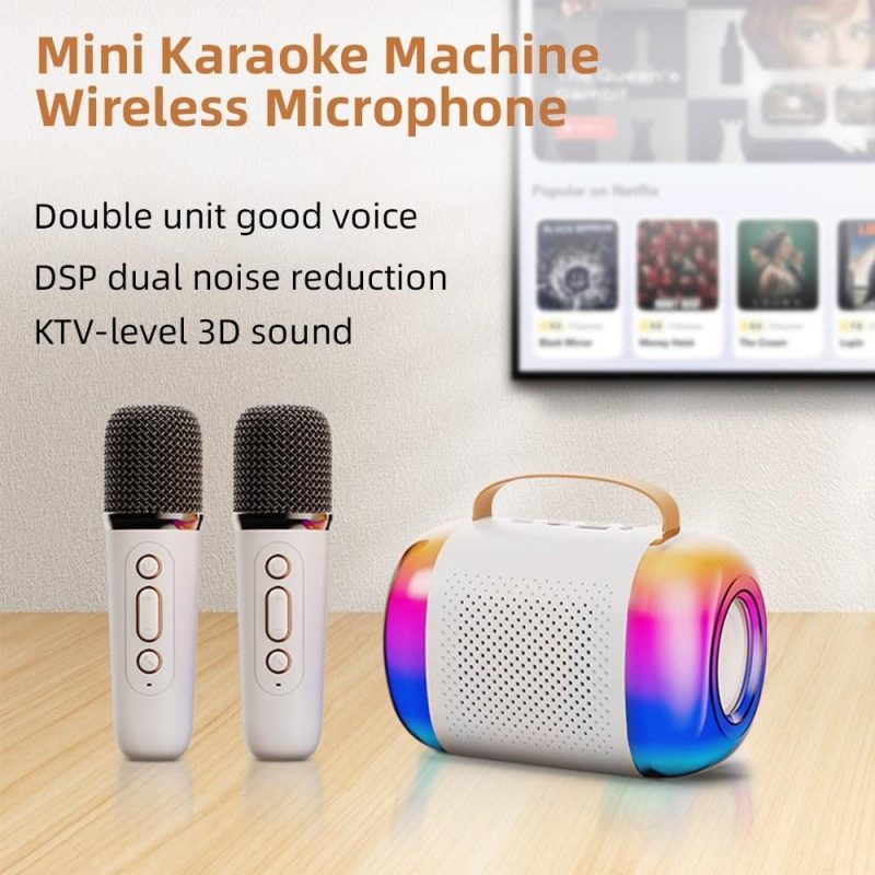 Pro Audio Equipment |   Y5 Mini Karaoke Machine Wireless Microphone and Speaker Set with 2 Microphone White Musical Instruments Pro Audio Equipment