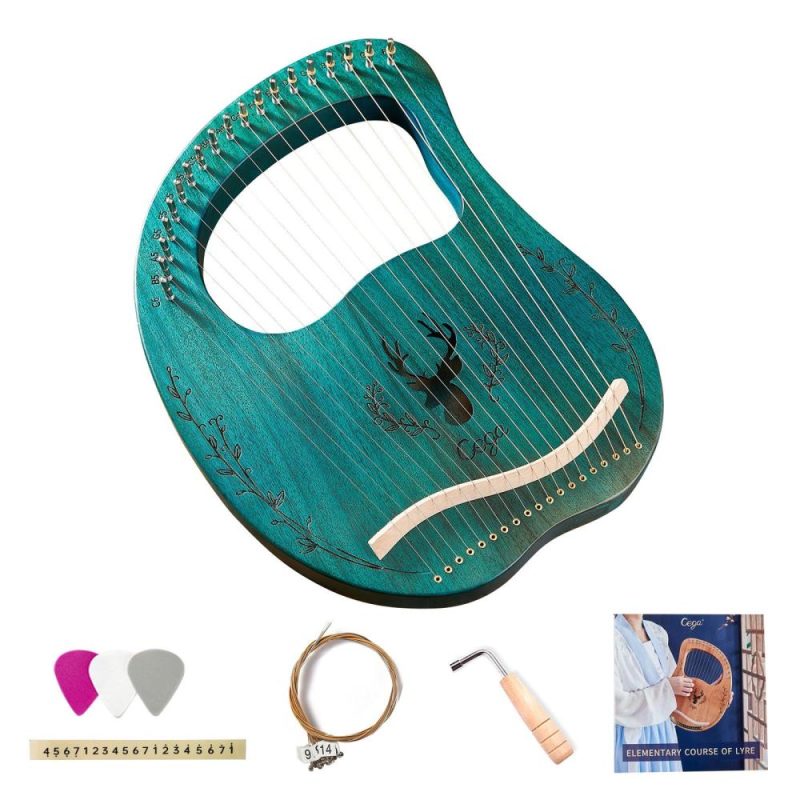 Strings and Accessories |   19-String Wooden Lyre Harp Resonance Box String Instrument with Tuning Wrench 3pcs Picks Blue Musical Instruments Blue