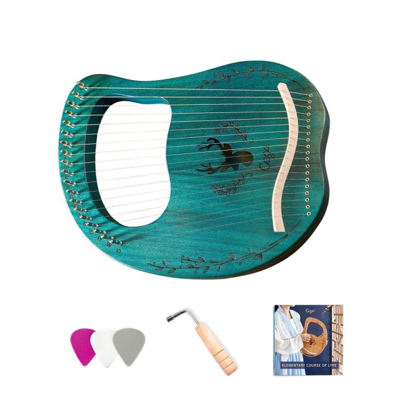 Strings and Accessories |   19-String Wooden Lyre Harp Resonance Box String Instrument with Tuning Wrench 3pcs Picks Blue Musical Instruments Blue