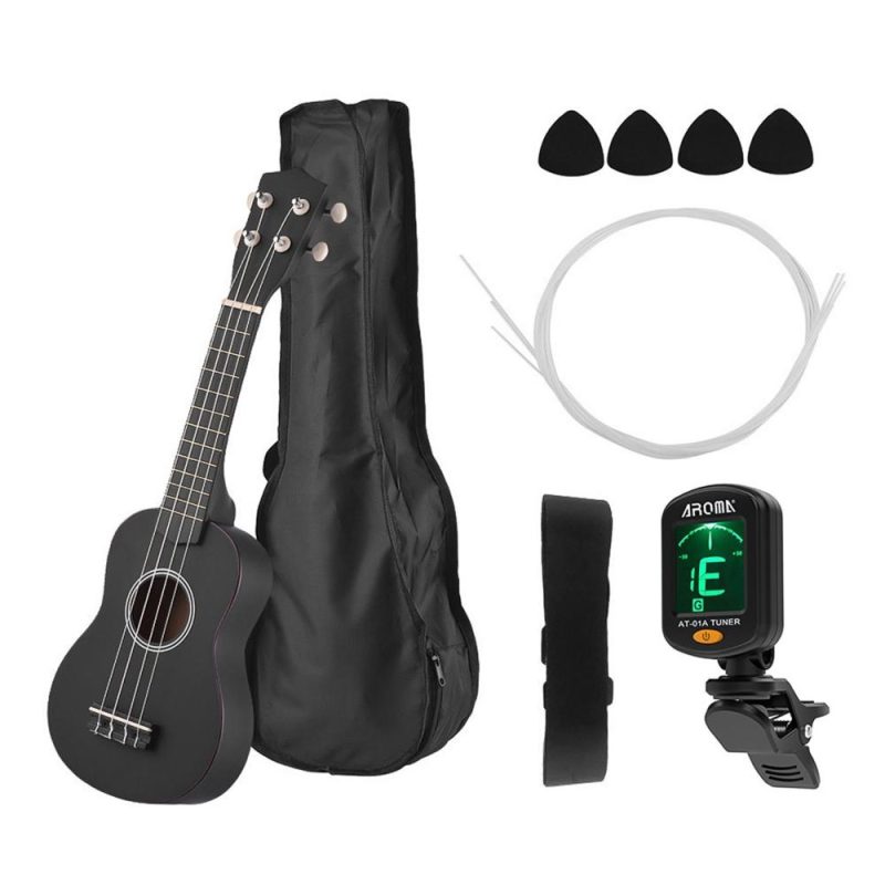 Strings and Accessories |   21 Inch Colored Acoustic Soprano Ukulele Ukelele Uke Kit Basswood with Carry Bag Uke Strap Strings Picks Tuner Black Musical Instruments Black