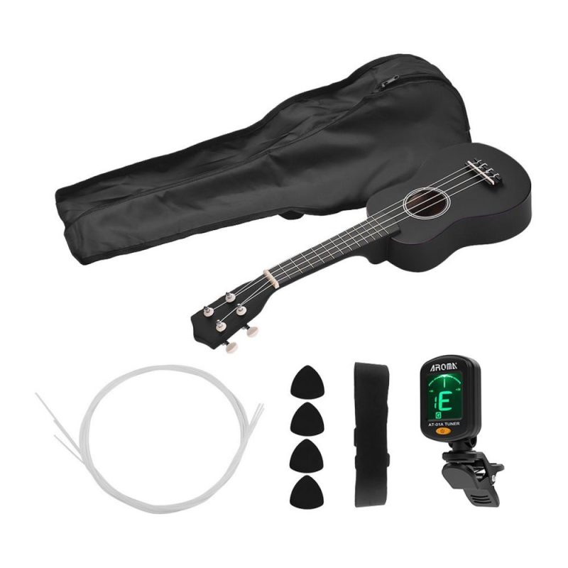 Strings and Accessories |   21 Inch Colored Acoustic Soprano Ukulele Ukelele Uke Kit Basswood with Carry Bag Uke Strap Strings Picks Tuner Black Musical Instruments Black