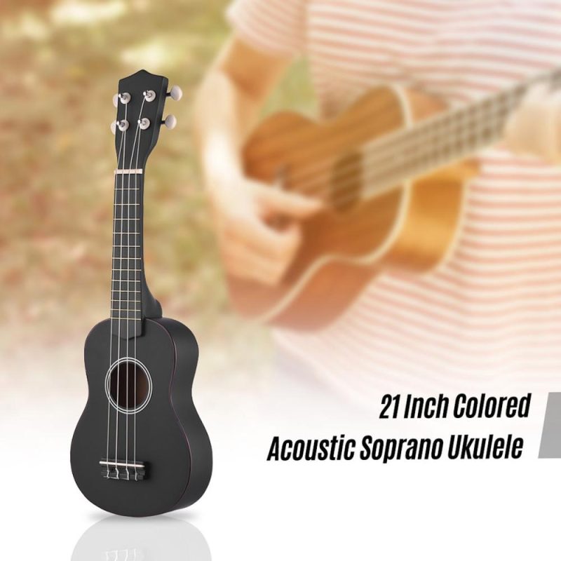 Strings and Accessories |   21 Inch Colored Acoustic Soprano Ukulele Ukelele Uke Kit Basswood with Carry Bag Uke Strap Strings Picks Tuner Black Musical Instruments Black