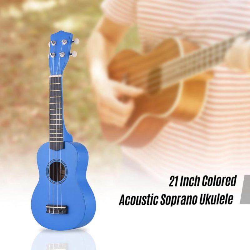 Strings and Accessories |   21 Inch Colored Acoustic Soprano Ukulele Ukelele Uke Kit Basswood with Carry Bag Uke Strap Strings Picks Tuner Blue Musical Instruments Blue