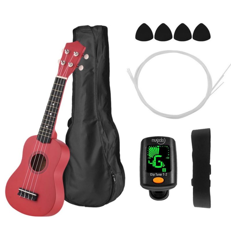 Strings and Accessories |   21 Inch Colored Acoustic Soprano Ukulele Ukelele Uke Kit Basswood with Carry Bag Uke Strap Strings Picks Tuner Red Musical Instruments Red