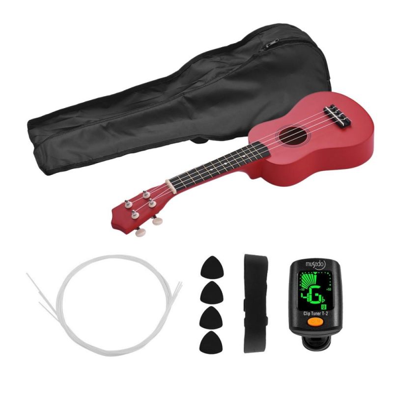 Strings and Accessories |   21 Inch Colored Acoustic Soprano Ukulele Ukelele Uke Kit Basswood with Carry Bag Uke Strap Strings Picks Tuner Red Musical Instruments Red