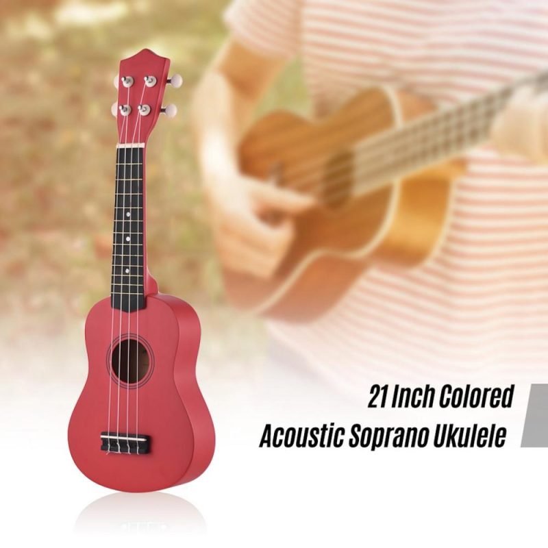 Strings and Accessories |   21 Inch Colored Acoustic Soprano Ukulele Ukelele Uke Kit Basswood with Carry Bag Uke Strap Strings Picks Tuner Red Musical Instruments Red