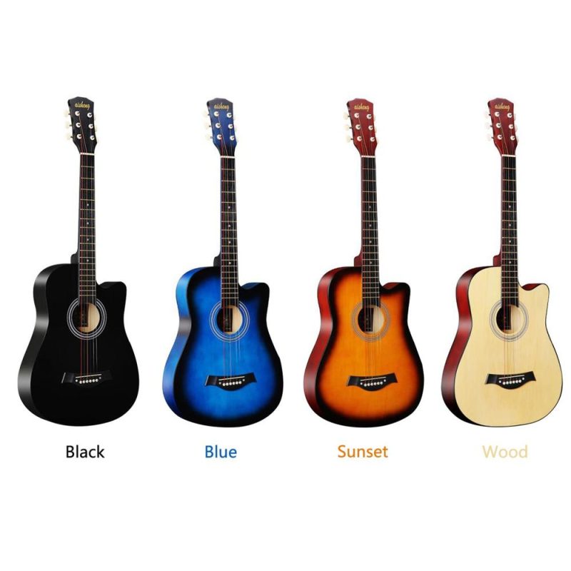 Strings and Accessories |   38-inch Full Size Adult 6 Strings Cutaway Folk Acoustic Guitar for Students Beginners Black Musical Instruments Black