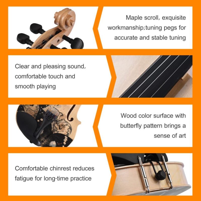 Strings and Accessories |   4/4 Acoustic Violin Basswood Topboard Side Back Board Maple Scroll with Carry Case Bow Rosin Wood Color Musical Instruments Strings & Accessories