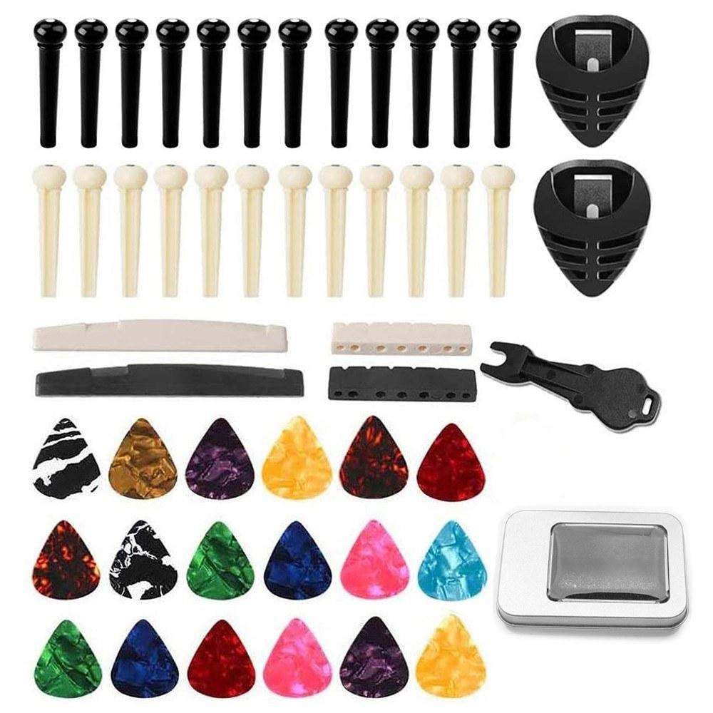 Strings and Accessories |   Acoustic Folk Guitar Accessories Kit Including Bridge Pins + Guitar Nuts + Celluloid Picks + Guitar Pick Holders + Bridge Pin Puller Multicolour Musical Instruments Multicolour