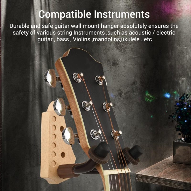 Strings and Accessories |   Beech Wood Guitar Wall Mount Hanger Wall Hook Holder Stand with Iron Steadying Bars for Electric Acoustic Guitar Bass Violin Mandolin Ukulele Musical Instruments Strings & Accessories